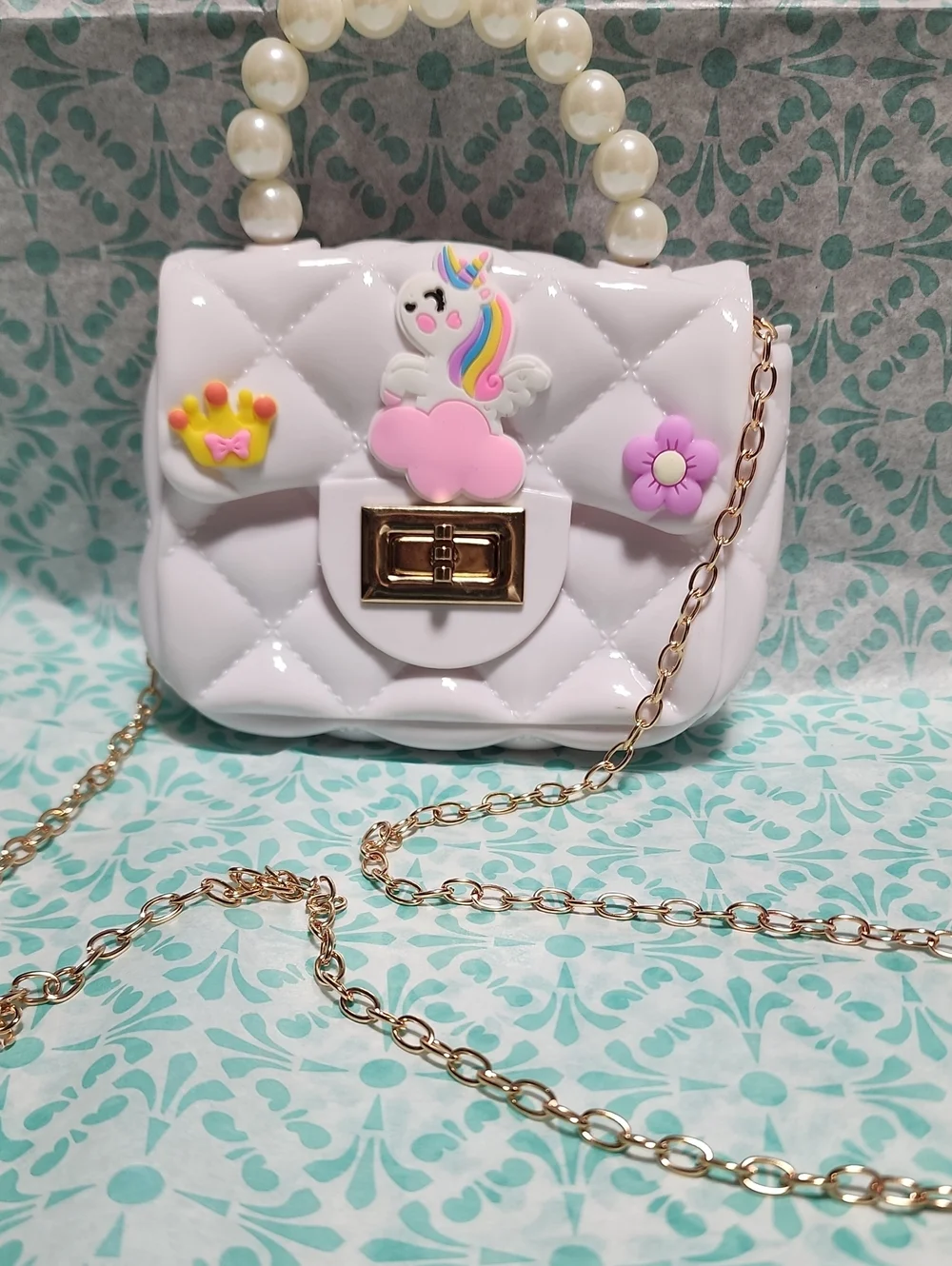 Kids White Unicorn Crossbody Bag with Pearl Handle